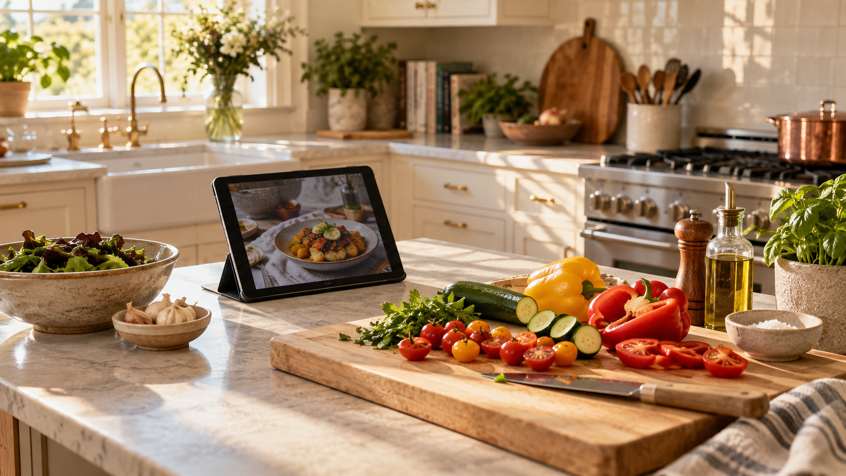 A sunlit kitchen with a tablet and freshly cut vegetables on a light oak cutting board.